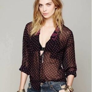 Free People | Easy Rider Button Down High Low Sheer Top Blouse